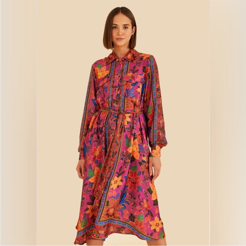 NWT Farm Rio Tropical Tapestry Long Sleeve Belted Midi Dress - Size Small S